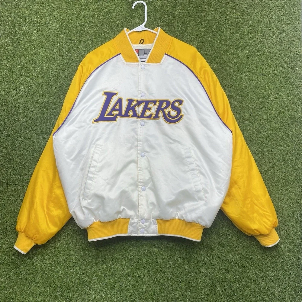Vintage Los Angeles Lakers Nike Jacket Mens Large Satin White Gold Bomber NBA